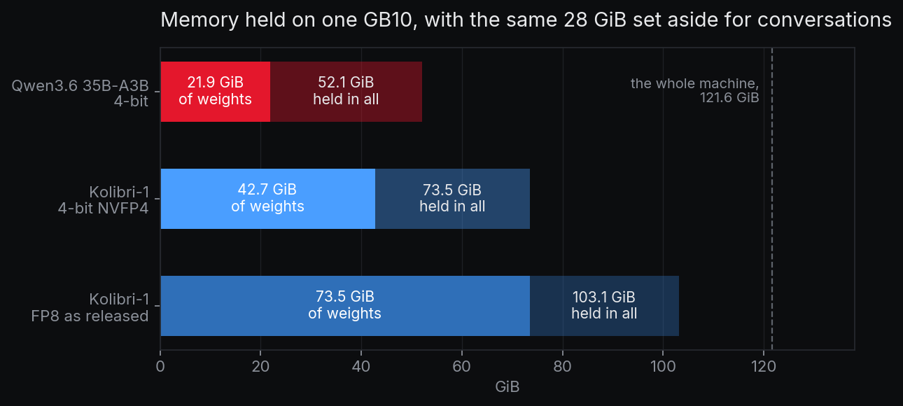 Memory held on one GB10 with the same 28 GiB set aside for conversations: 52.1 GiB for Qwen3.6 35B-A3B at 4 bits, 73.5 GiB for Kolibri-1 at 4 bits and 103.1 GiB for Kolibri-1 in FP8, out of 121.6 GiB.